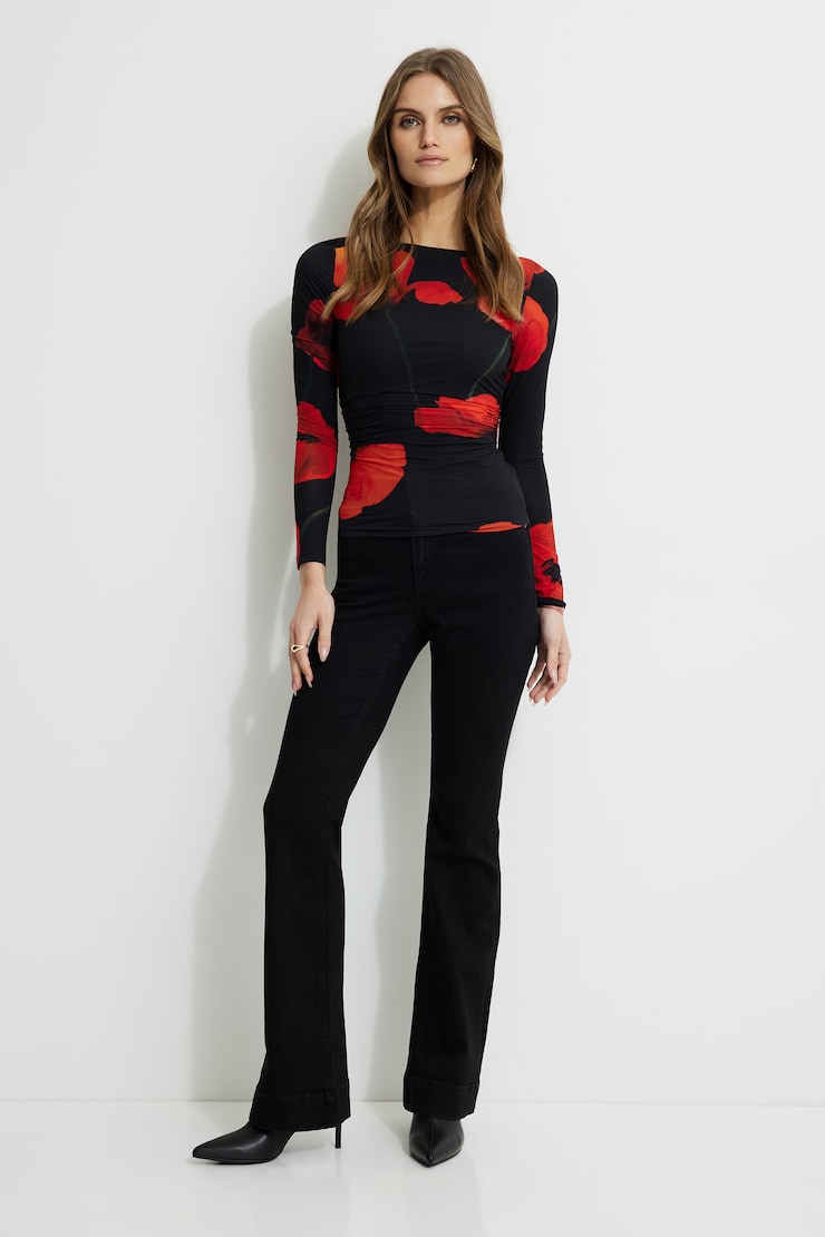 Stella Printed Long Sleeve Top Black/Red poppies large