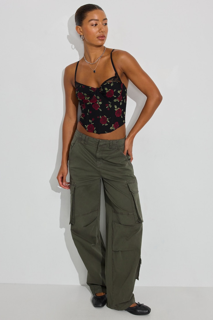 Sabrina Peek-A-Boo Bustier Top, Big Rose Print/Black Lace, large