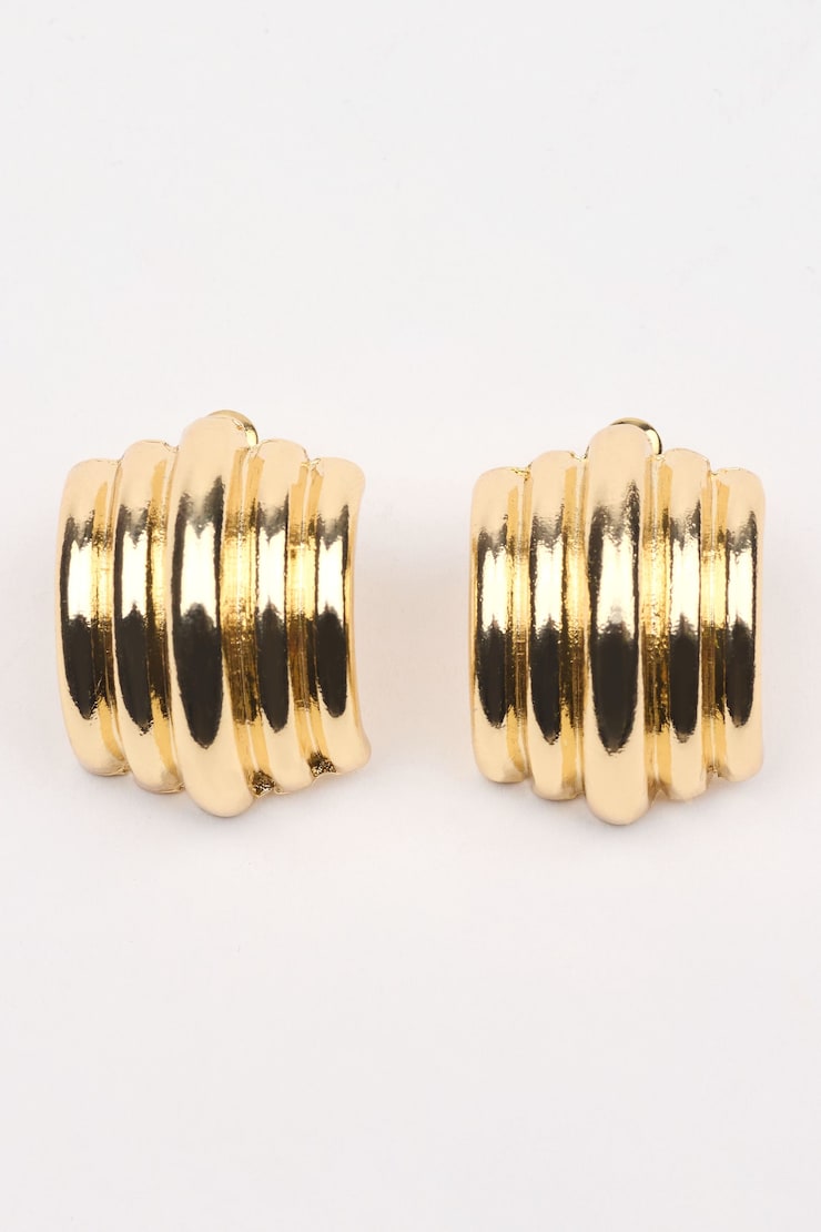 Lined Curve Button Earrings, Gold, large