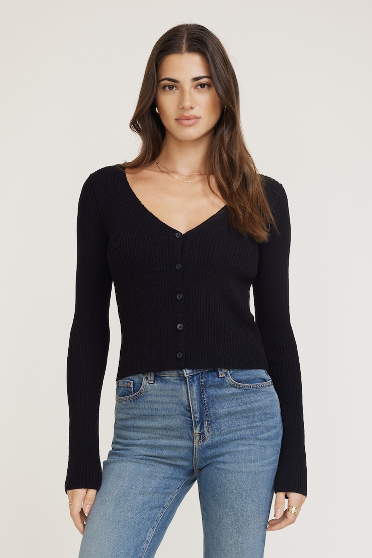 Mila Ribbed V Neck Cardigan Jet Black large