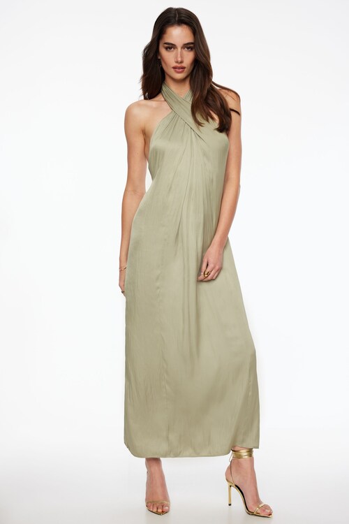 dynamite green satin dress Crinkled Halter Maxi casual wedding dresses