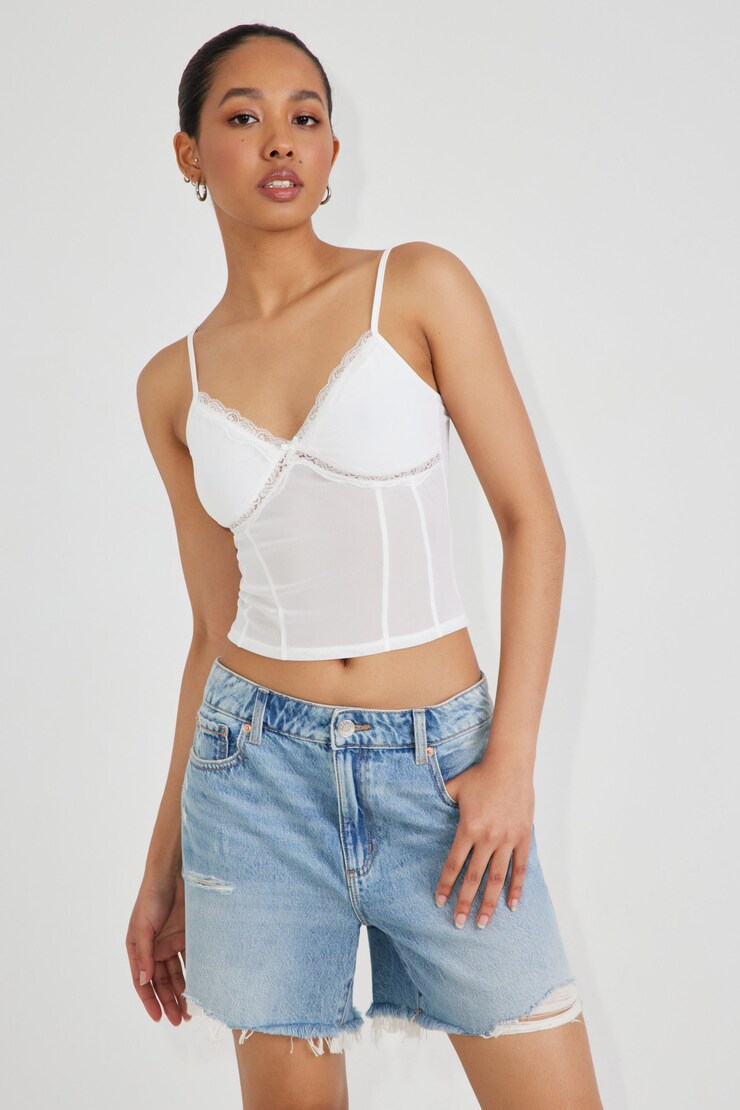 Lace Trim Mesh Cami, BRIGHT WHITE, large