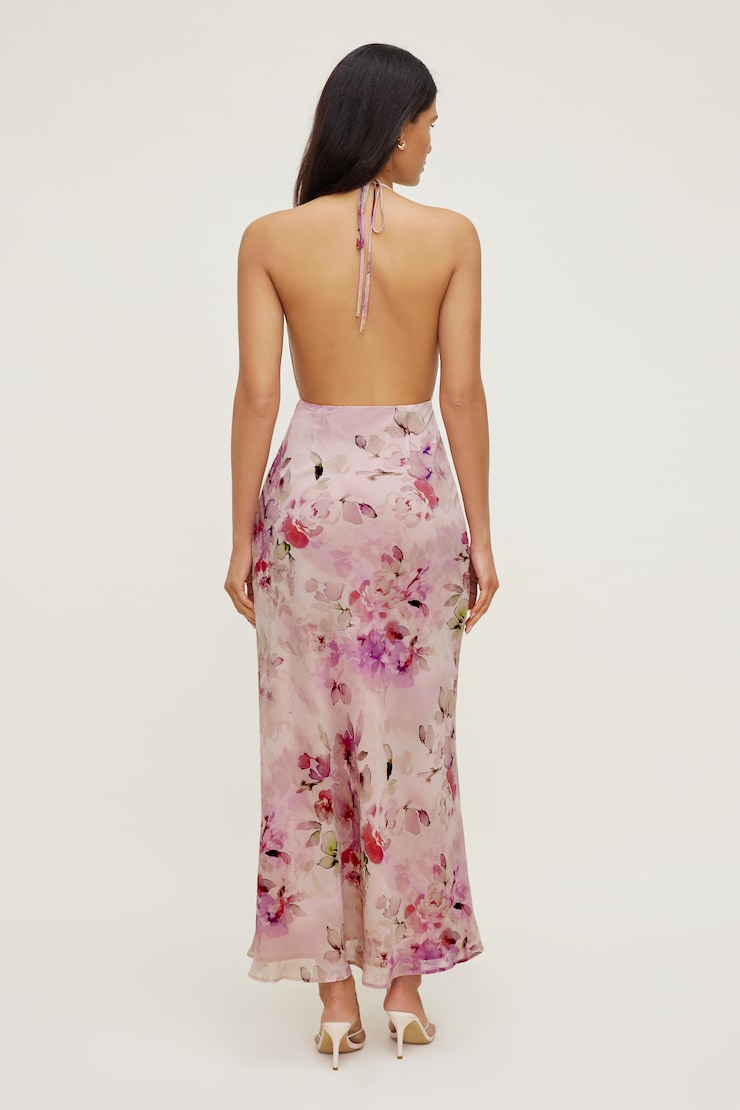 Floral Halter Cowl Neck Maxi Dress