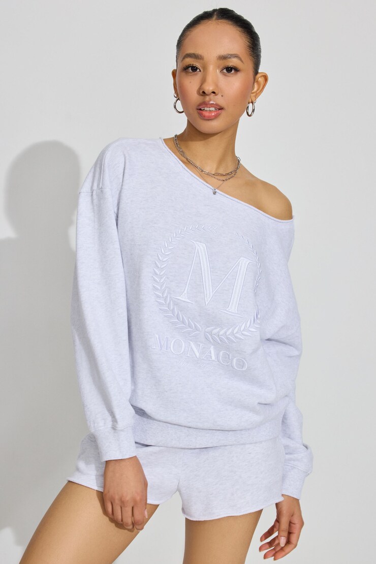 SoftTerry Off Shoulder Sweatshirt, Spring Gray Mix with "Monaco" Art, large