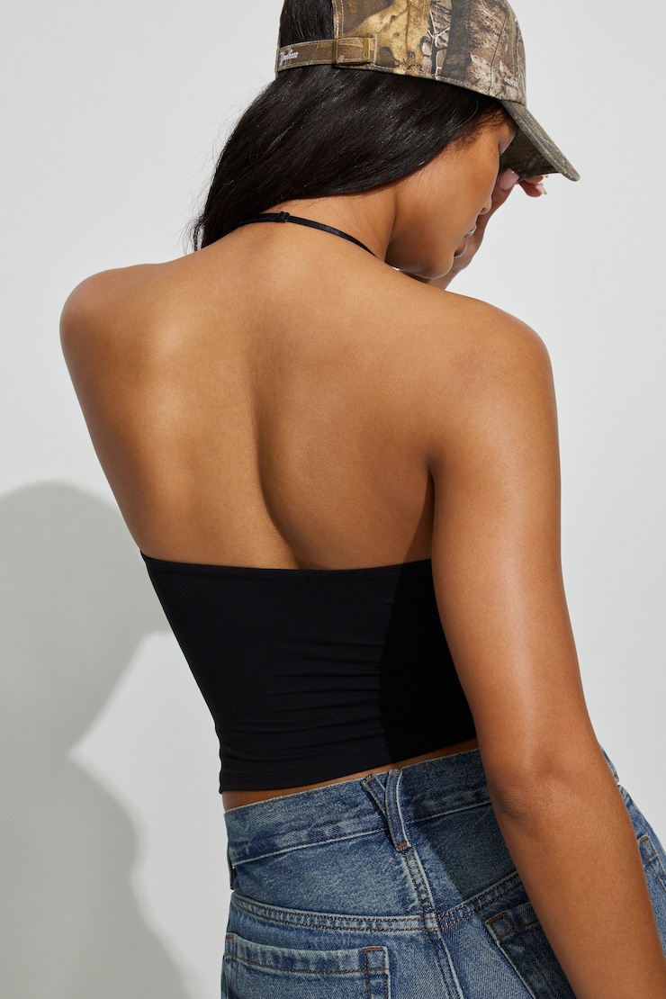 Sleek Plunge Adjustable Halter Top, Jet Black, large