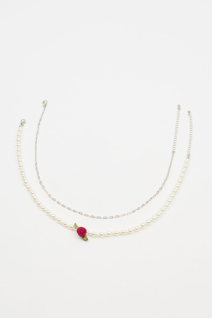 Set of 2 Rosette & Pearl Necklace, Off White/Cabernet Red, large