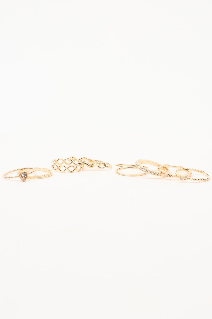 Set of 9 Super Delicate Rings, Clear/Gold, large