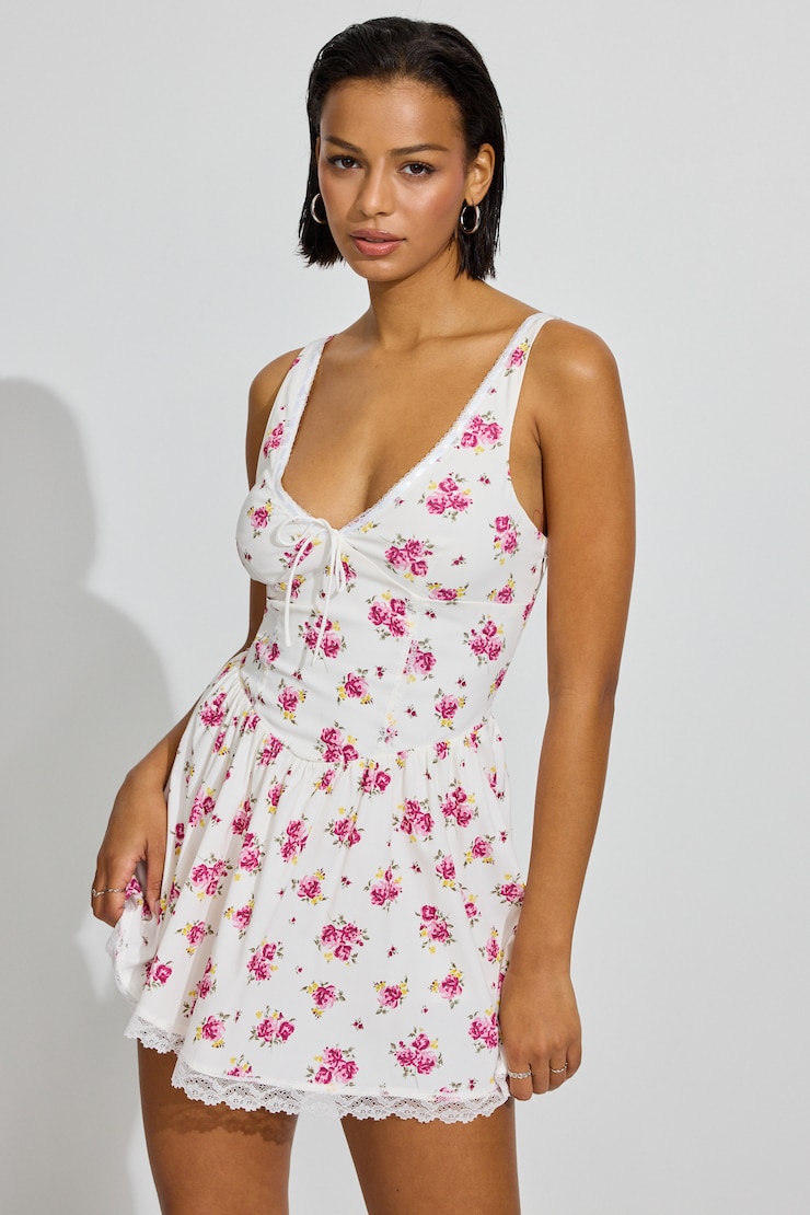 Plunge V-Neck Romper Dress, Pink/Yellow Floral, large