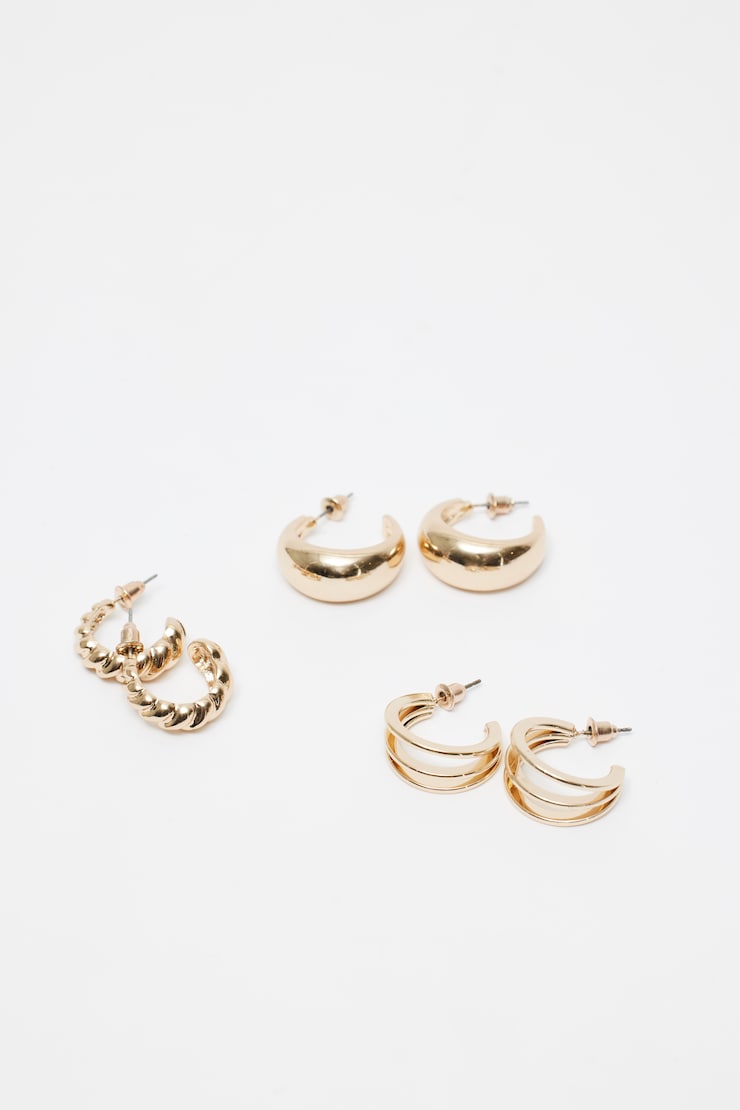3 Pack Textured Hoop Earrings, Gold, large