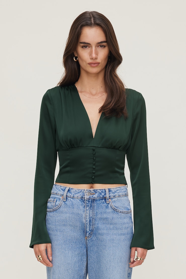 Draped V Neck Satin Blouse Scarab Green large