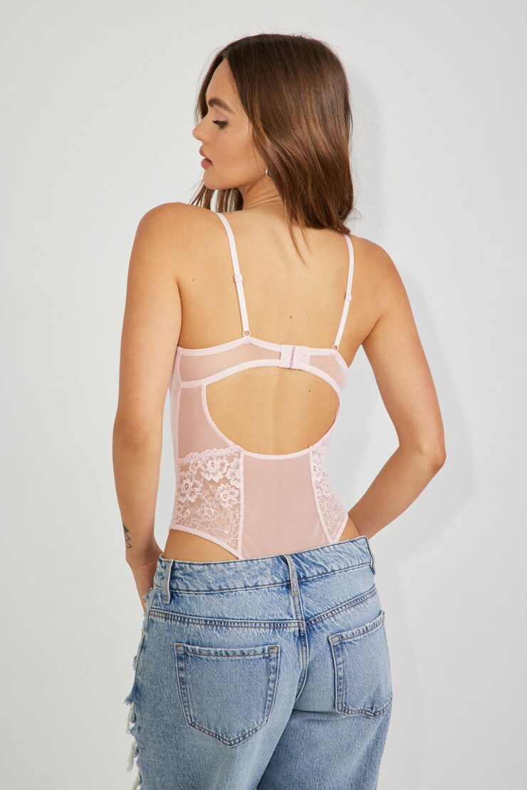 Mixed Media Mesh Bodysuit, Chalk Pink, large