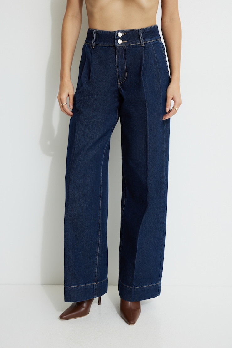 Heidi Pleated Wide Leg Jeans Dark Indigo Blue / Pagosa large