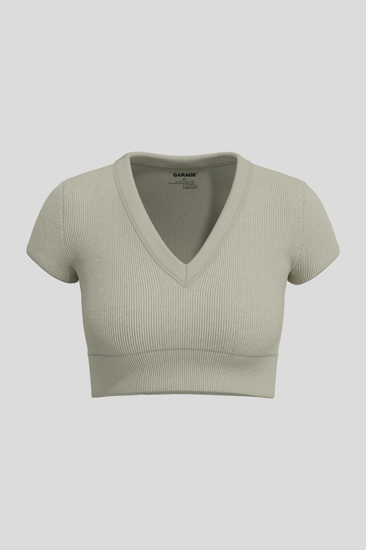T-shirt sans coutures à col plongeant Sonia, Vert herbe marine, large