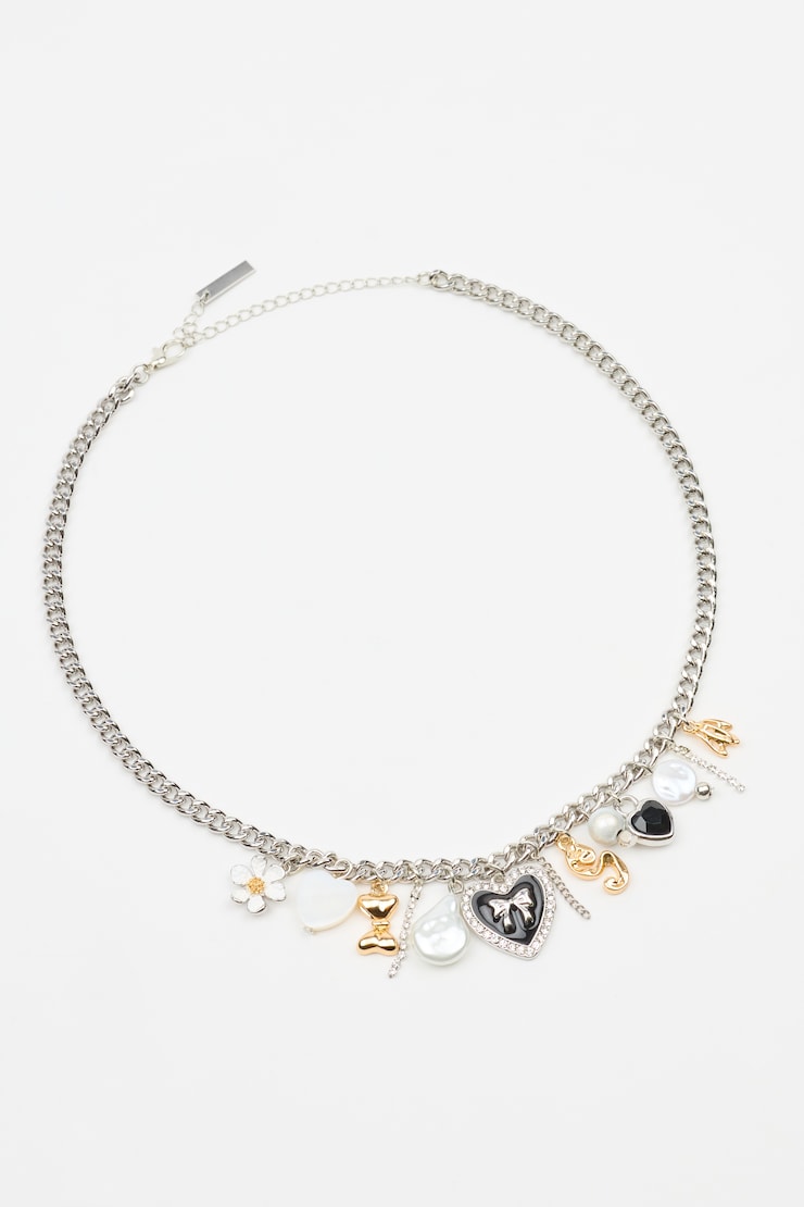 Vintage Hearts & Pearls Charm Necklace, Black/White/Silver, large