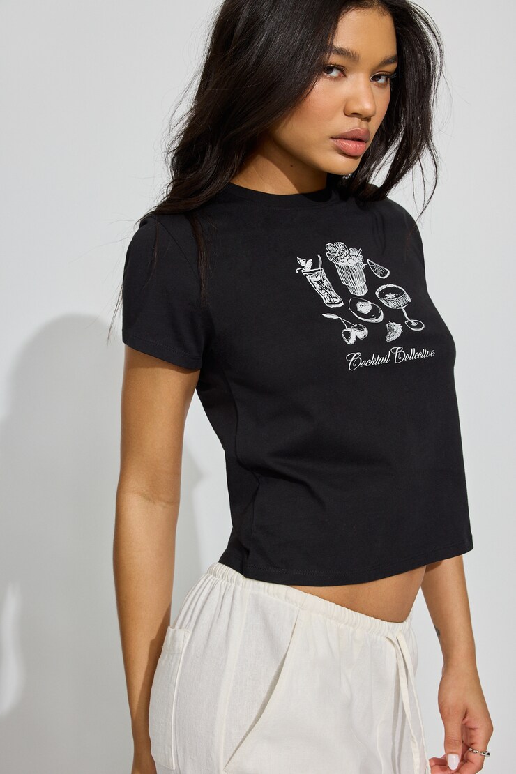 90s Crewneck T-Shirt, Jet Black with "Cocktail" Art, large