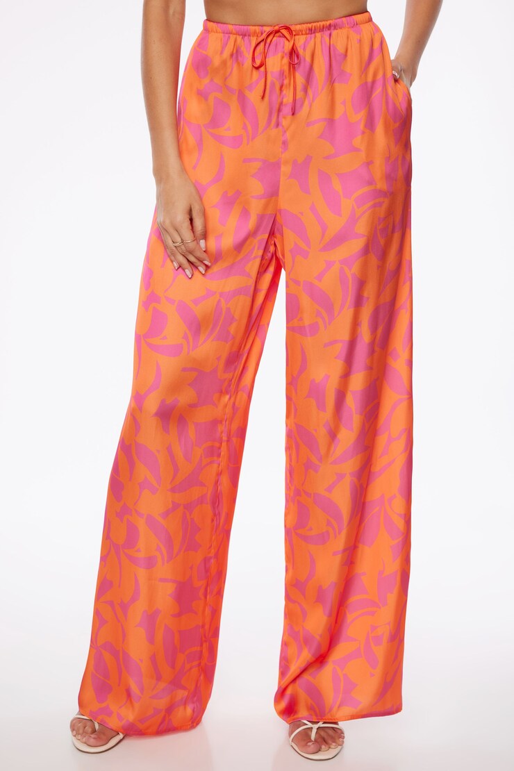 Santina Satin Wide Leg Pants  Orange Abstract Floral  large