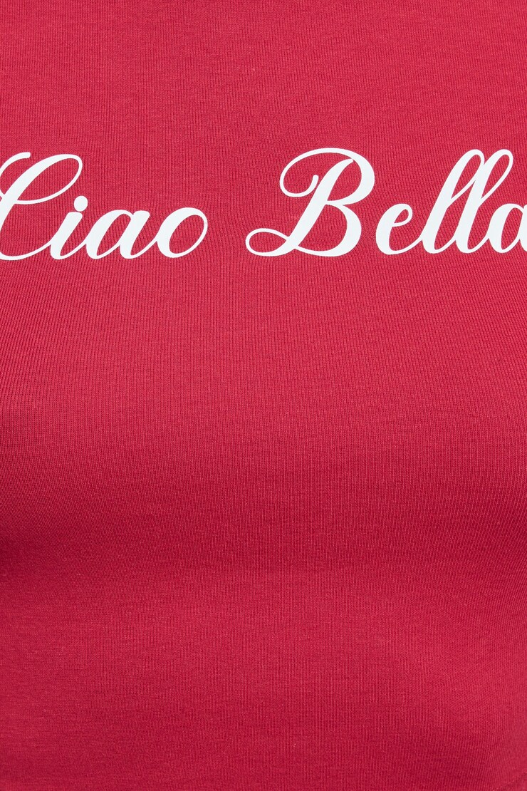 Stormi Tee, Jester Red with "Ciao Bella" Art, large