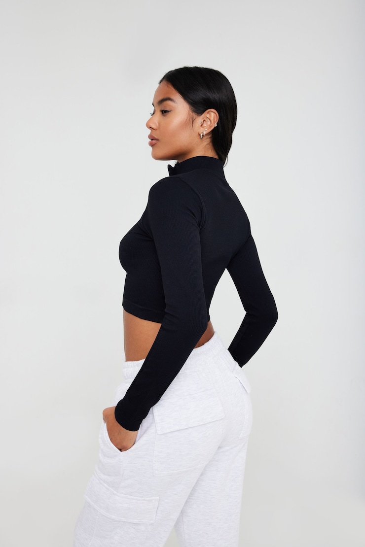 Long Sleeve Zip-Up Top Black | Garage