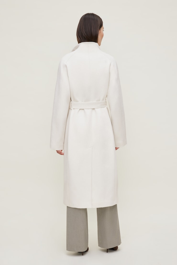 Manteau croisé en laine à ceinture Blanc cassé sel de mer large