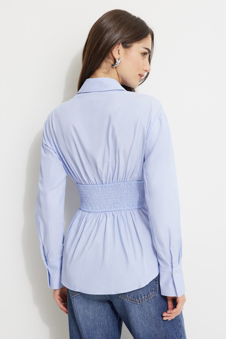 Cinched Waist Poplin Shirt Micro Blue Stripe large