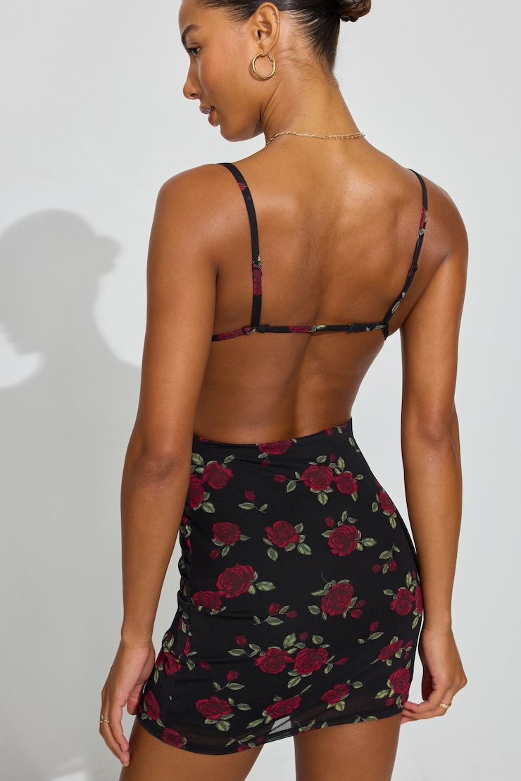 Nikky Cutout Mini Dress, Black/Red Rose Print, large