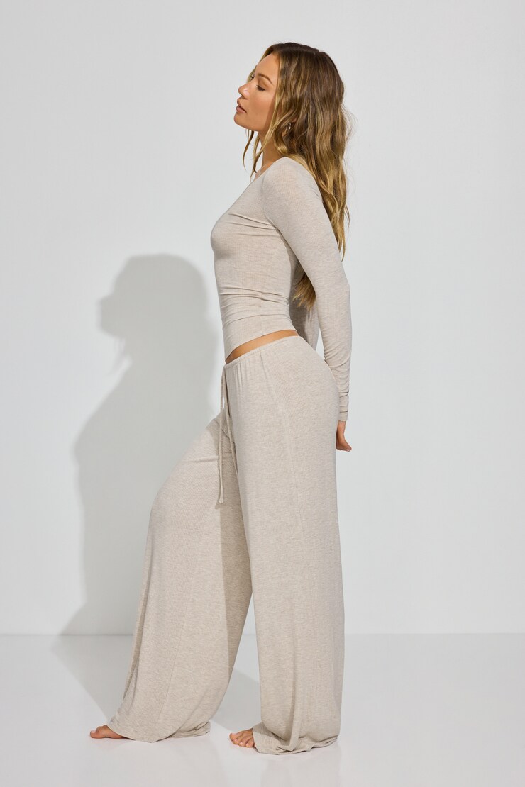 Sheer Ribbed Slouchy Pants, Cocoa Butter Oatmeal Mix, large