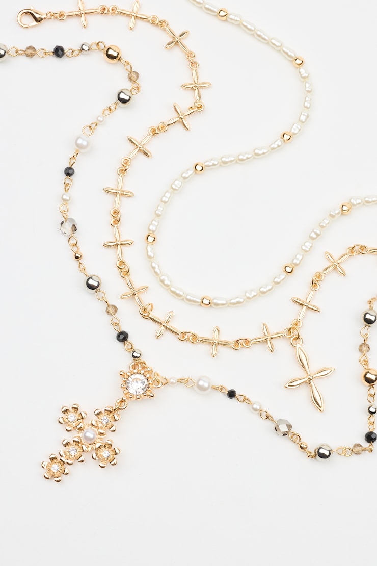 Set of 3 Rosary, Cross, and Pearl Necklaces, Silver/Gold/Off-White, large