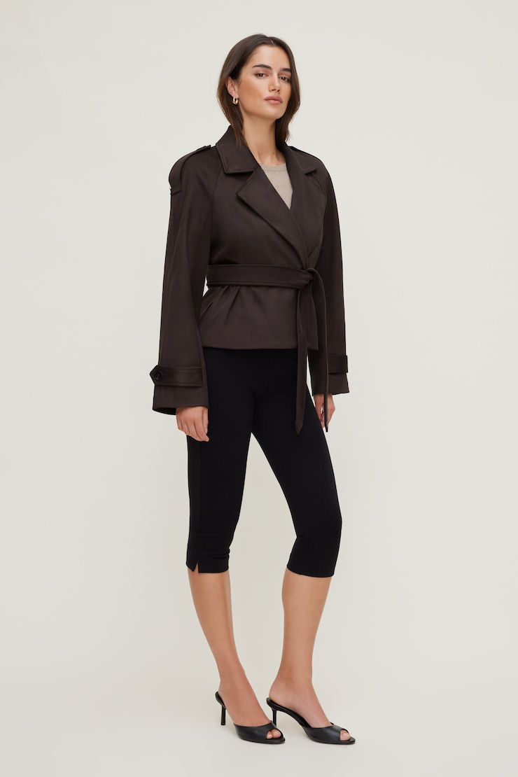 Cropped Faux Suede Trench Coat