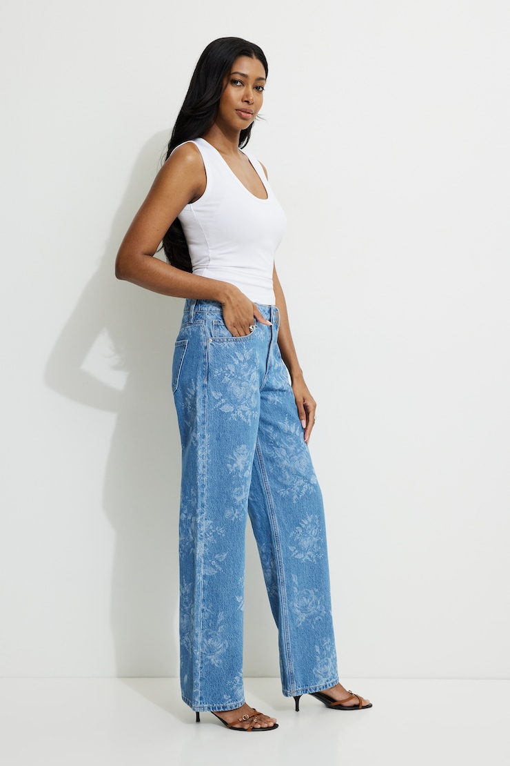 Mika Floral Mid Rise Relaxed Straight Leg Jeans Floral Denim large