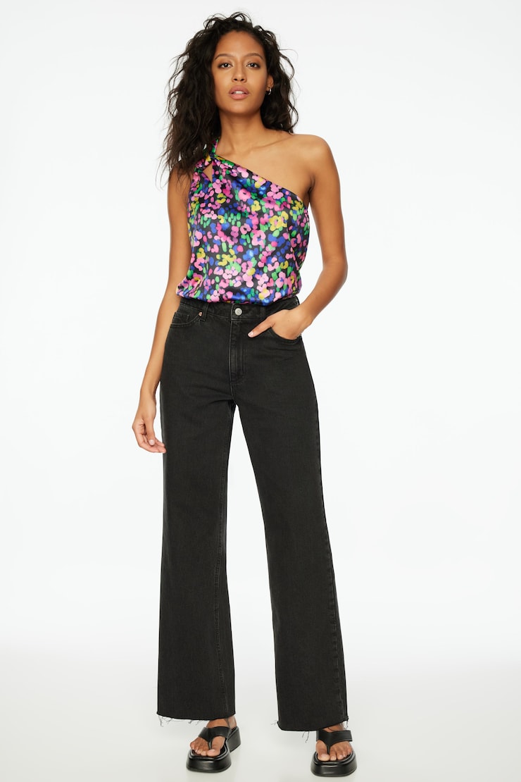 One Shoulder Satin Bodysuit Multi-Color Abstract large