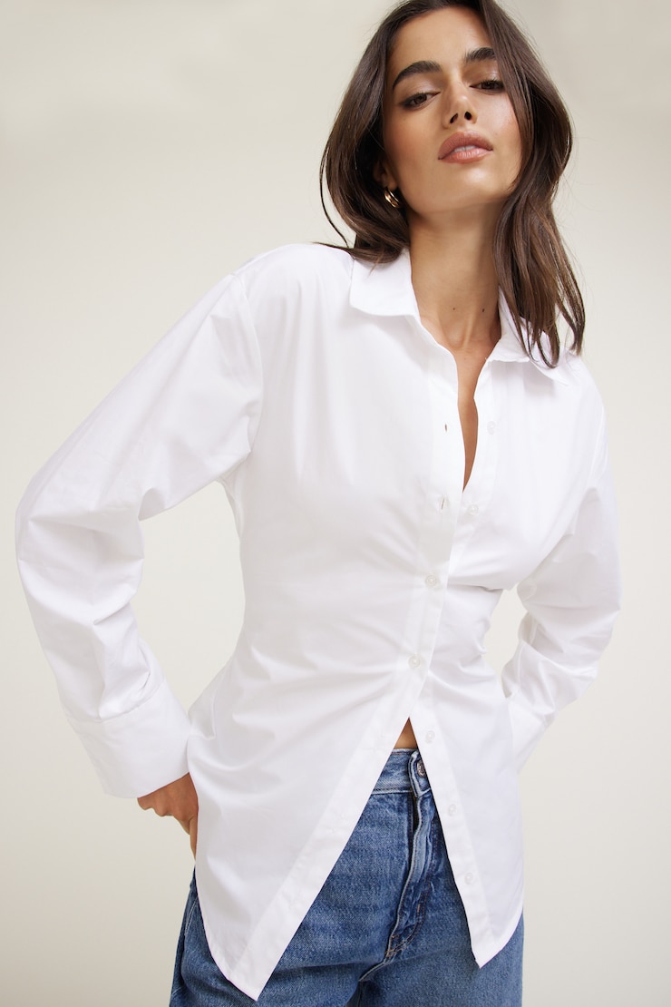 Cinched Waist Poplin Shirt Bright White large