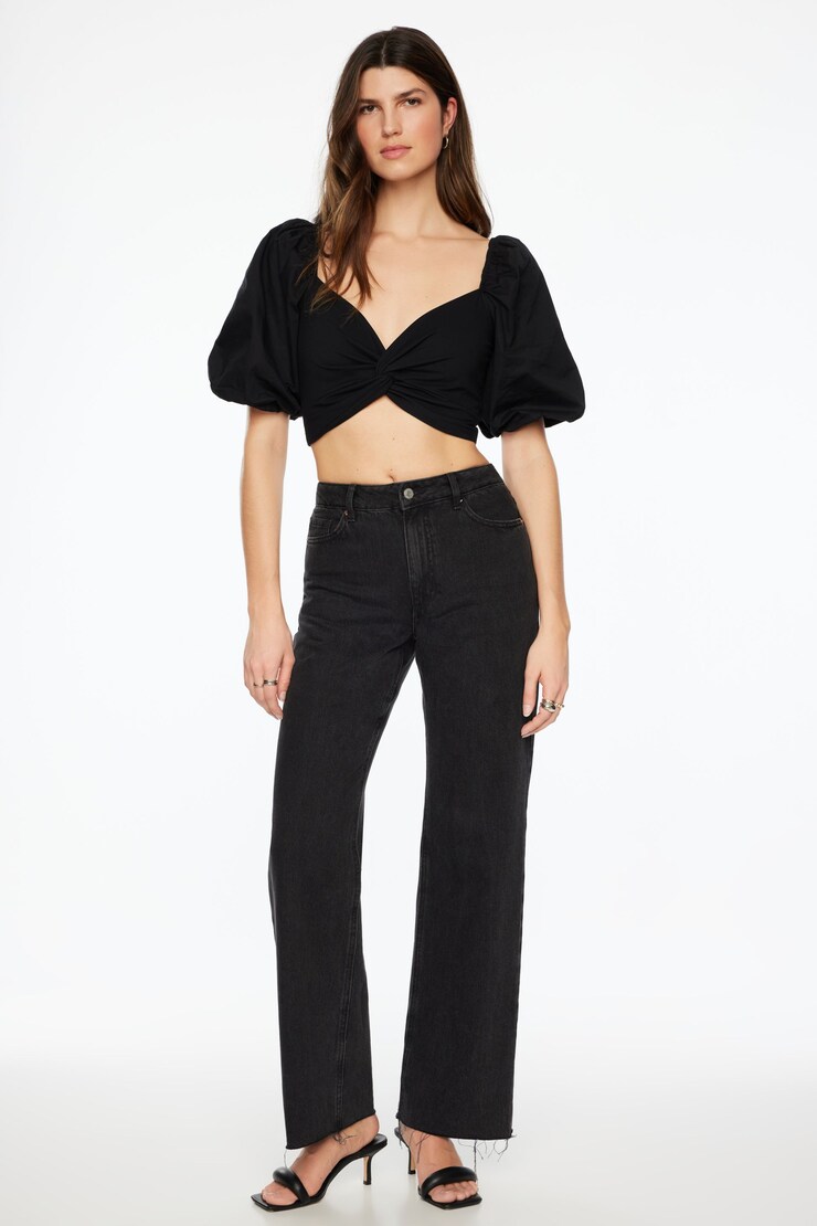 Indie Puff Sleeve Twist Front Crop Top  Jet Black  large