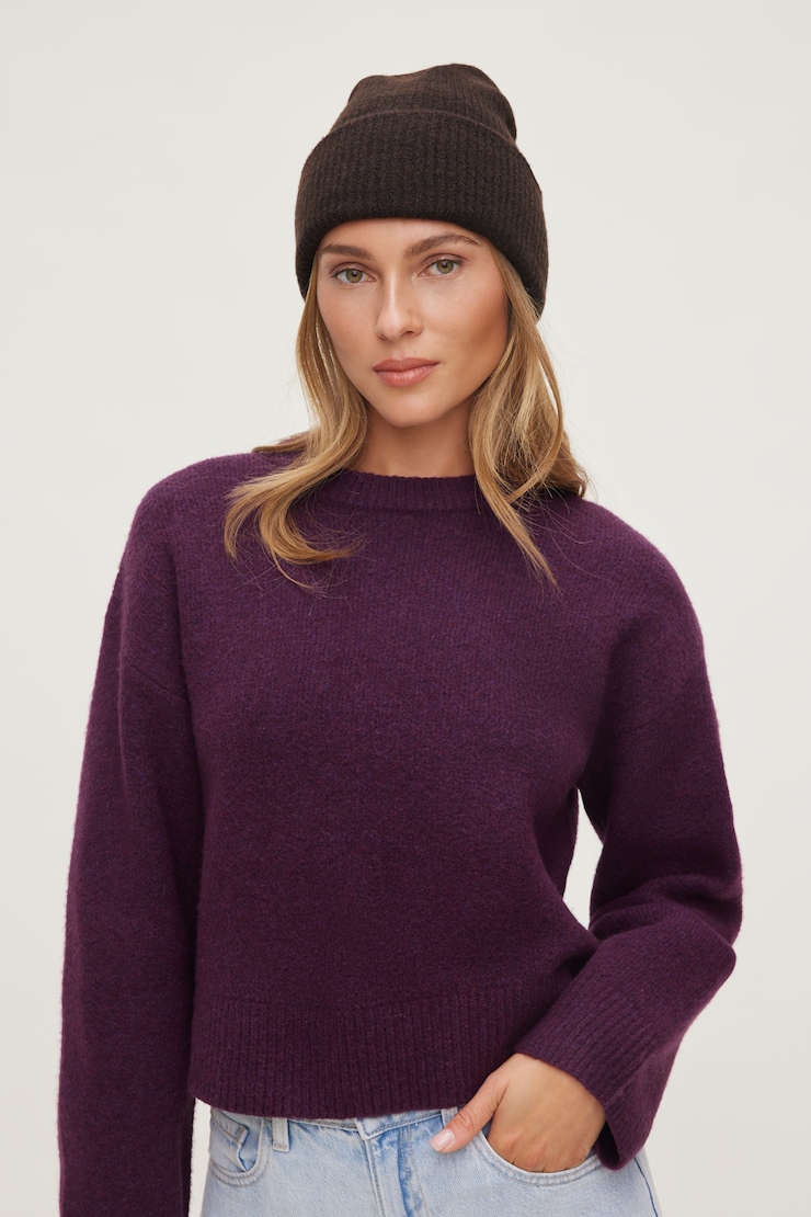 Tuque repliée en tricot Brun café large