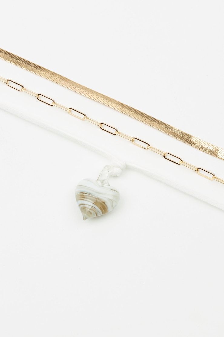 Set of 3 Glass Heart & Chain Necklaces, Off-White/Gold, large