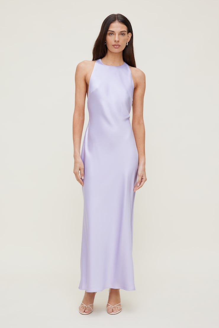 Twist Back Satin Maxi Dress Purple | Dynamite