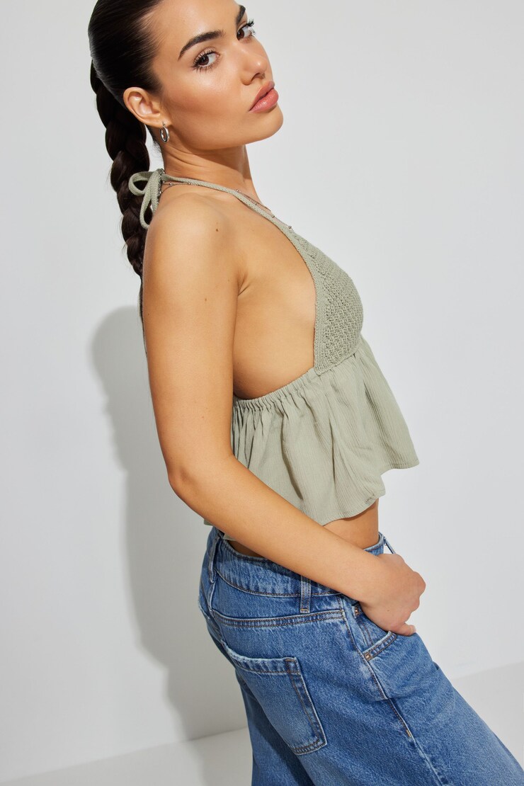 Crochet Halter Top, Seagrass Green, large