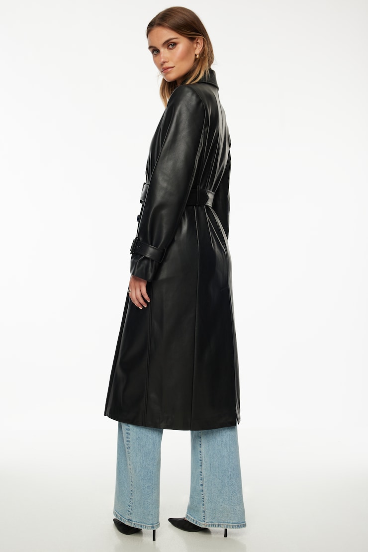 Military Faux Leather Trench Coat Black | Dynamite