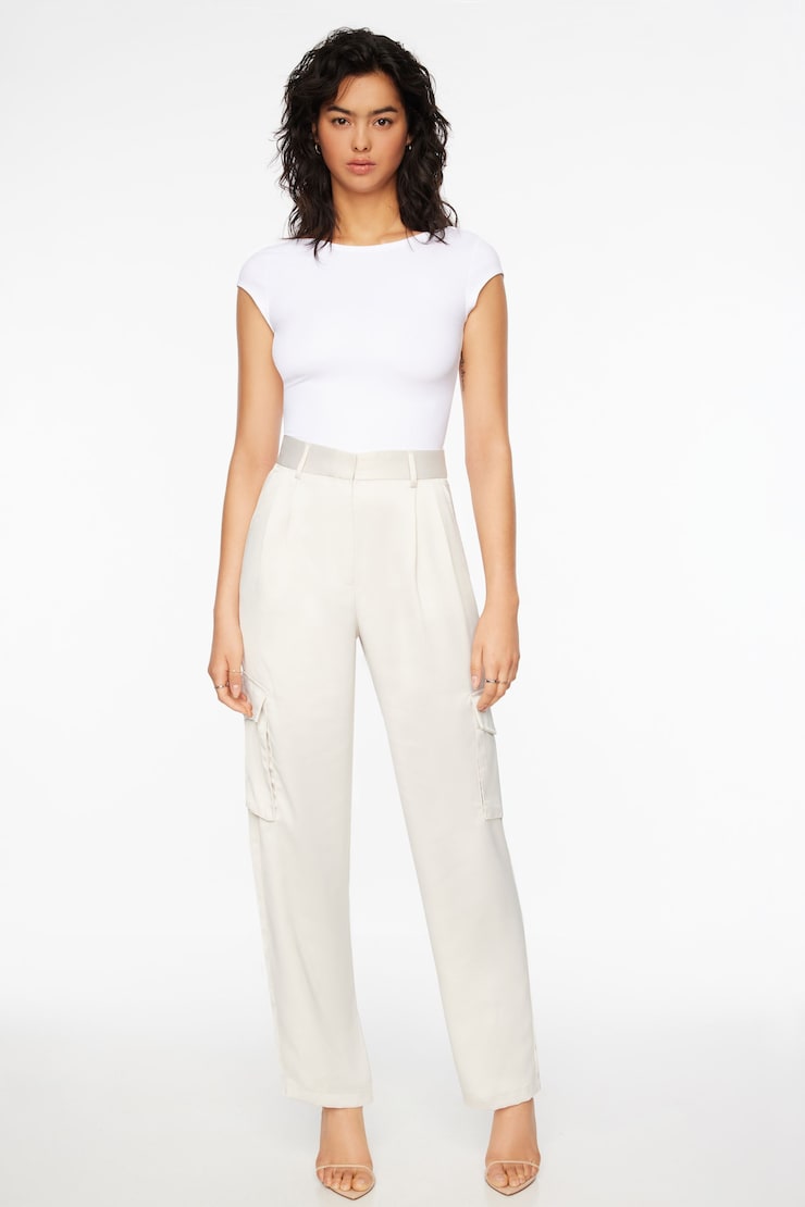Izabel Satin Straight Leg Cargo Pants Polished Pearl Beige large