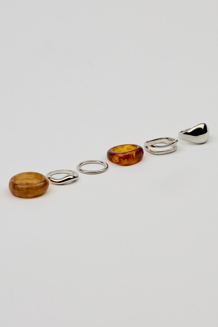 Set of 6 Resin & Dome Rings, Silver/Amber, large