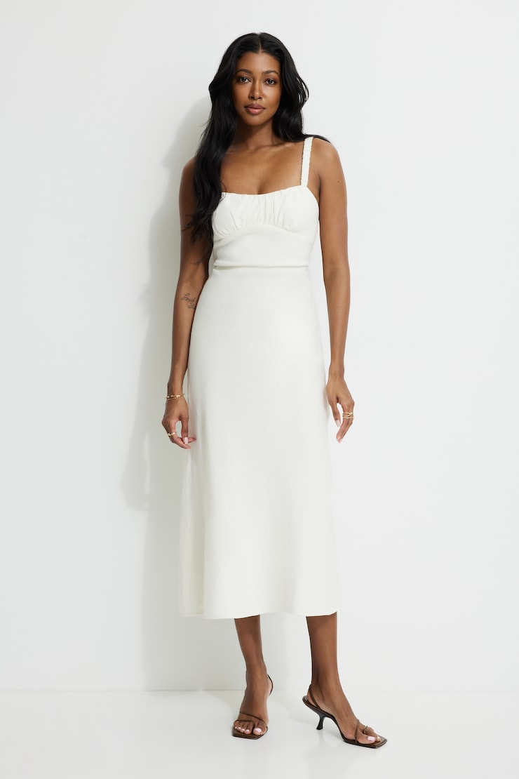 ワンピース nairo/Back open satin camisole dress Open Back Linen Midi Dress Beige | Dynamite