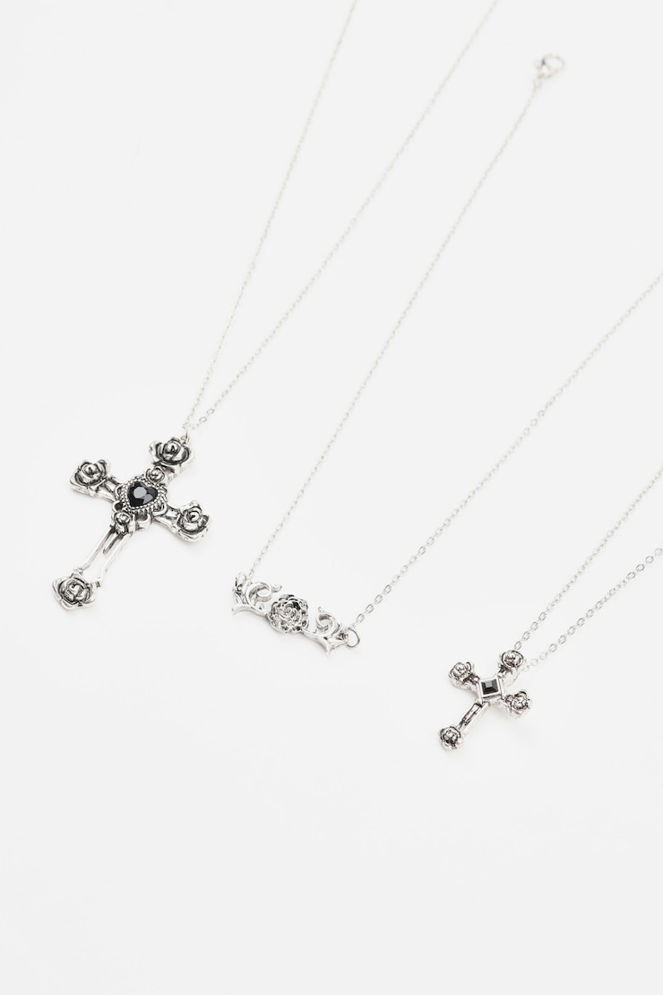 Set of 3 Flower, Cross, & Roses Necklace, Antique Silver, large