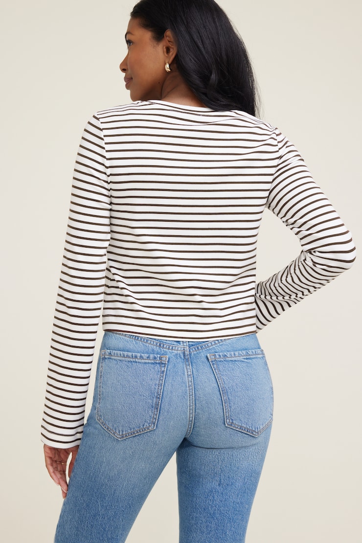 Striped Boxy Cotton Long Sleeve T Shirt Cream & Java Brown Stripe large