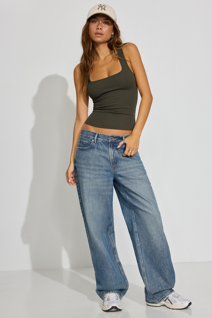 Square Neck Ribbed Tank Top, Martini Green, large