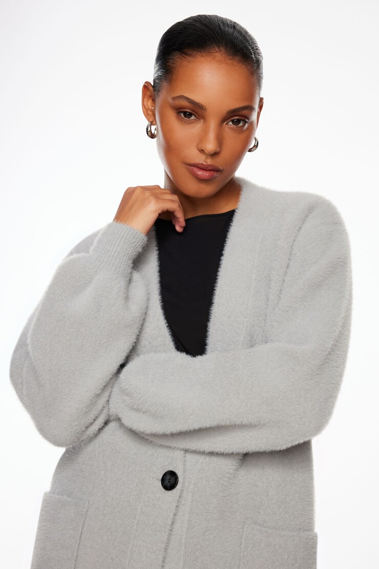 Premium Plush Cardigan Coat Alloy Gray large