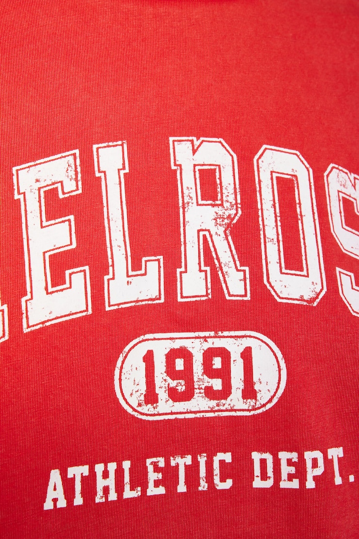 Avery Raw Ultra Chopped Tee, Goji Berry Red with "Melrose" Art, large