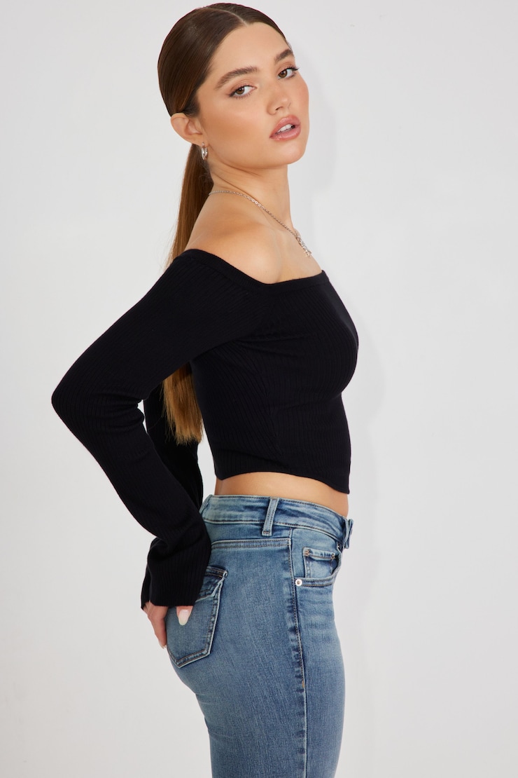 Corset Hem Off Shoulder Top, Jet Black, large