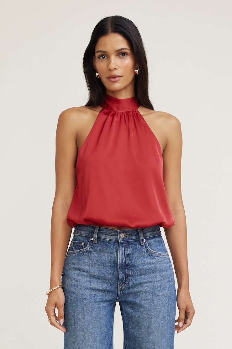 Paloma Bubble Satin Halter Blouse Chili Pepper Red large