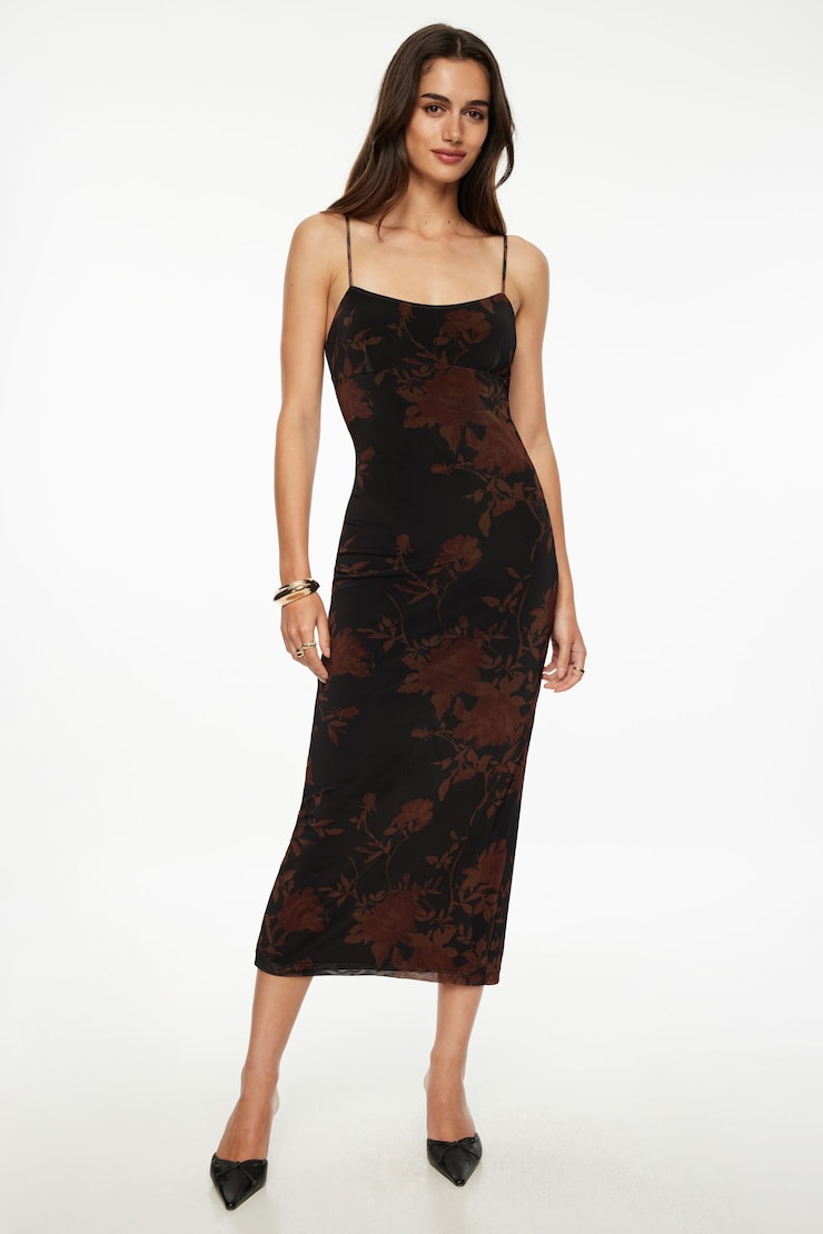 Amira Mesh Maxi Dress Dark Orange Floral large