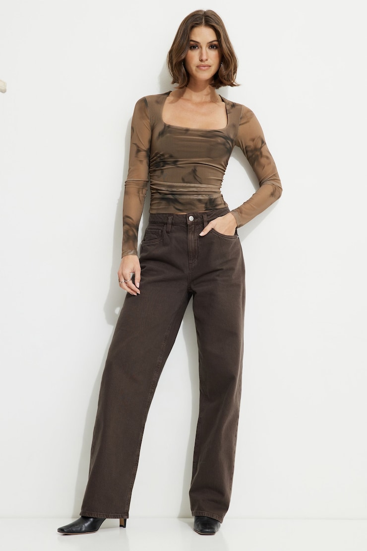 Scarlette Ruched Mesh Top Brown Floral large