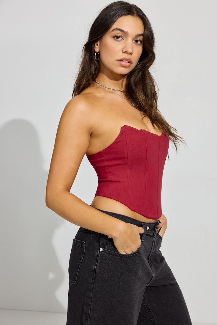 Lace Trim Strapless Bustier, Chili Pepper Red, large